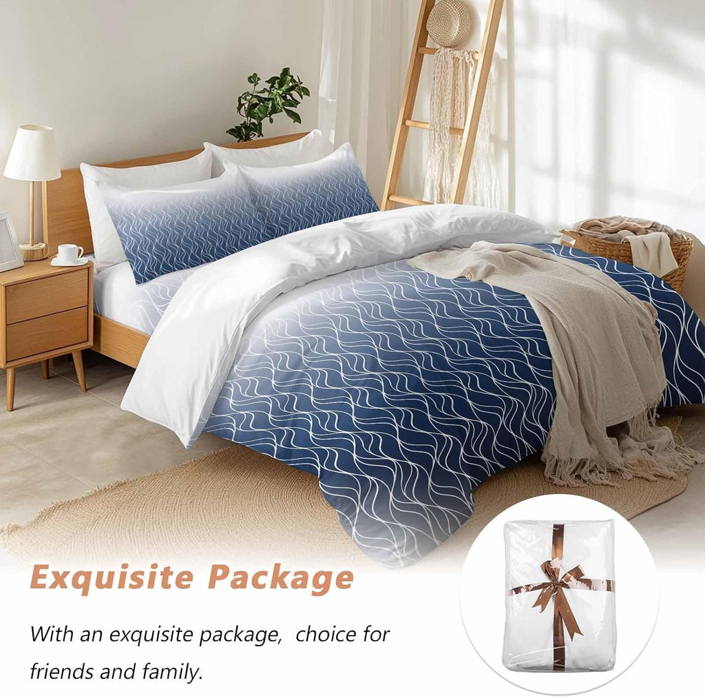 Prime Leader Gradient Navy Blue Duvet Cover Set Queen Size 4 Pieces Abstract Morocco Blue Curved Lines Bedding Set with Zipper Closure, 1 Comforter Cover 90x92 Inches 1 Flat Sheet & 2 Pillow Cases