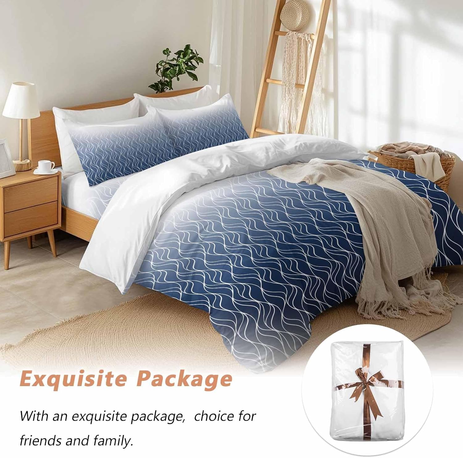 Prime Leader Gradient Navy Blue Duvet Cover Set Queen Size 4 Pieces Abstract Morocco Blue Curved Lines Bedding Set with Zipper Closure, 1 Comforter Cover 90x92 Inches 1 Flat Sheet & 2 Pillow Cases