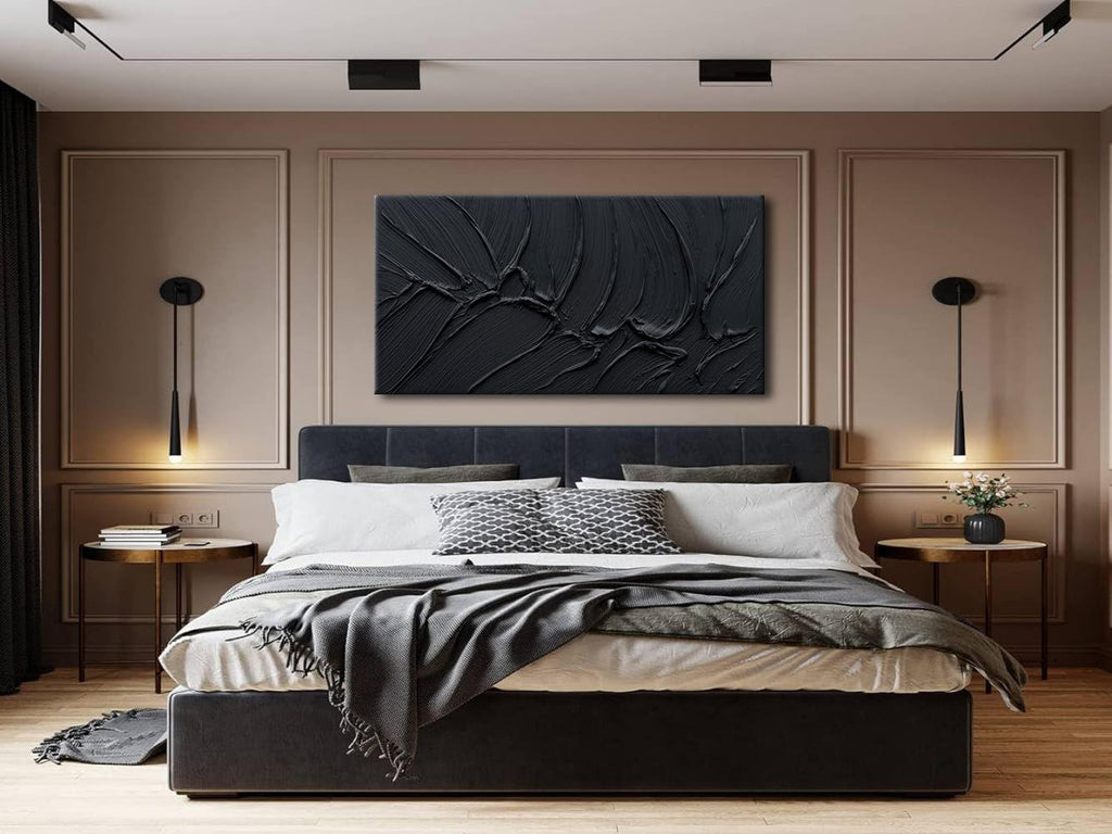 zoinart Hand Painted Thick Texture Black Minimalist Oil Painting Modern Contemporary Art 24x48 Inches Oil on Canvas Abstract Black Textured Wall Art Home Decoration