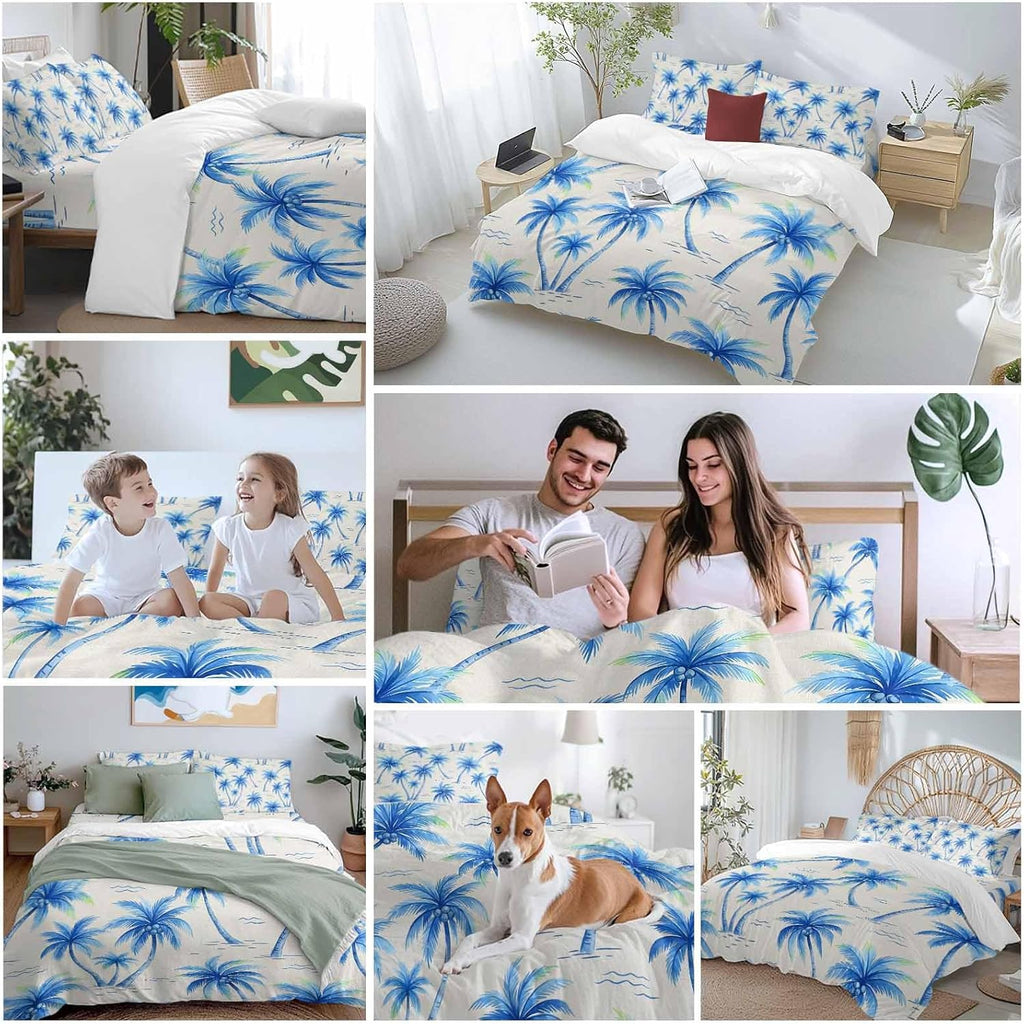 Tropical Plant Duvet Cover Set Queen Size 4 Pieces Blue Palm Trees Watercolor Tree Gradient Summer Bedding Set with Zipper Closure, 1 Comforter Cover 86x86 Inches 1 Flat Sheet & 2 Pillow Cases