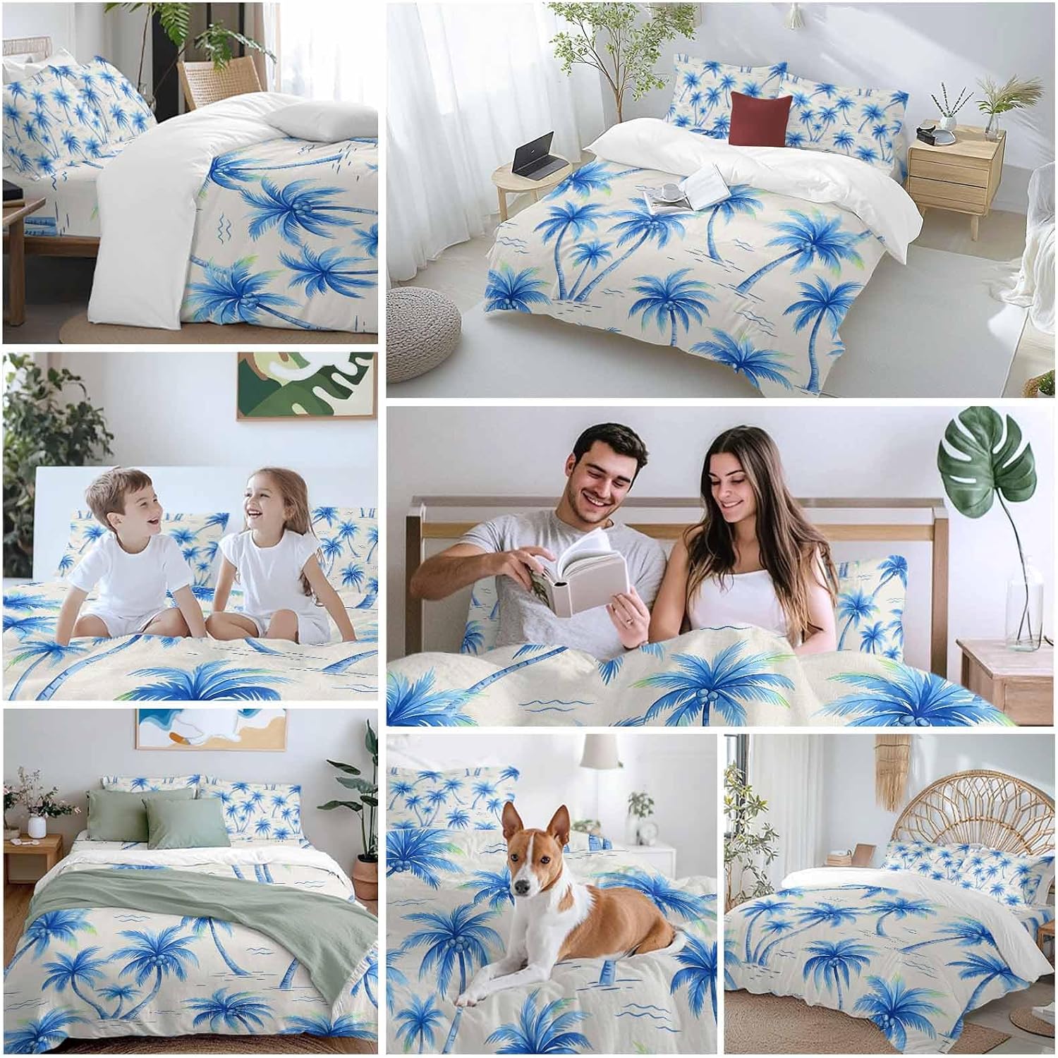 Tropical Plant Duvet Cover Set Queen Size 4 Pieces Blue Palm Trees Watercolor Tree Gradient Summer Bedding Set with Zipper Closure, 1 Comforter Cover 86x86 Inches 1 Flat Sheet & 2 Pillow Cases