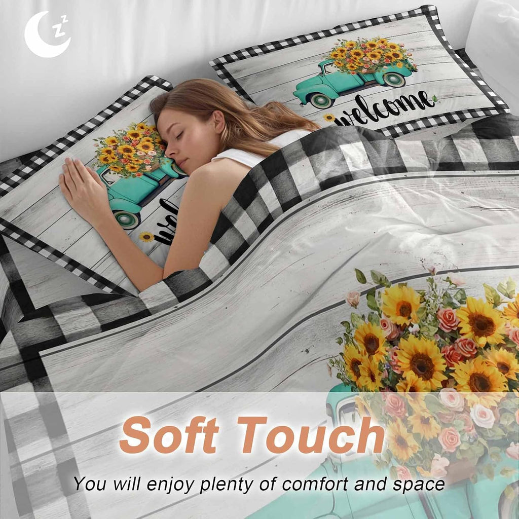 Welcome Duvet Cover Set Queen Size 4 Pieces Summer Flowers Truck Wood Grain Black White Lattice Frame Bedding Set with Zipper Closure, 1 Comforter Cover 90x92 Inches 1 Flat Sheet & 2 Pillow Cases