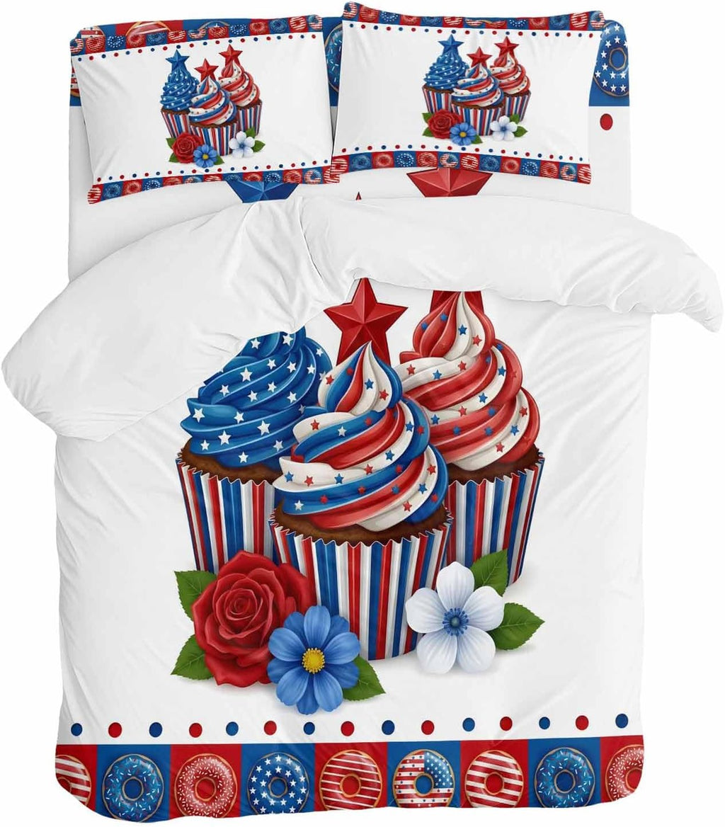 Independence Day Cupcakes Duvet Cover Set Queen Size 4 Pieces 4th of July Red Blue White Star Rose Flower Bedding Set with Zipper Closure, 1 Comforter Cover 92x106 Inches 1 Flat Sheet & 2 Pillow Cases