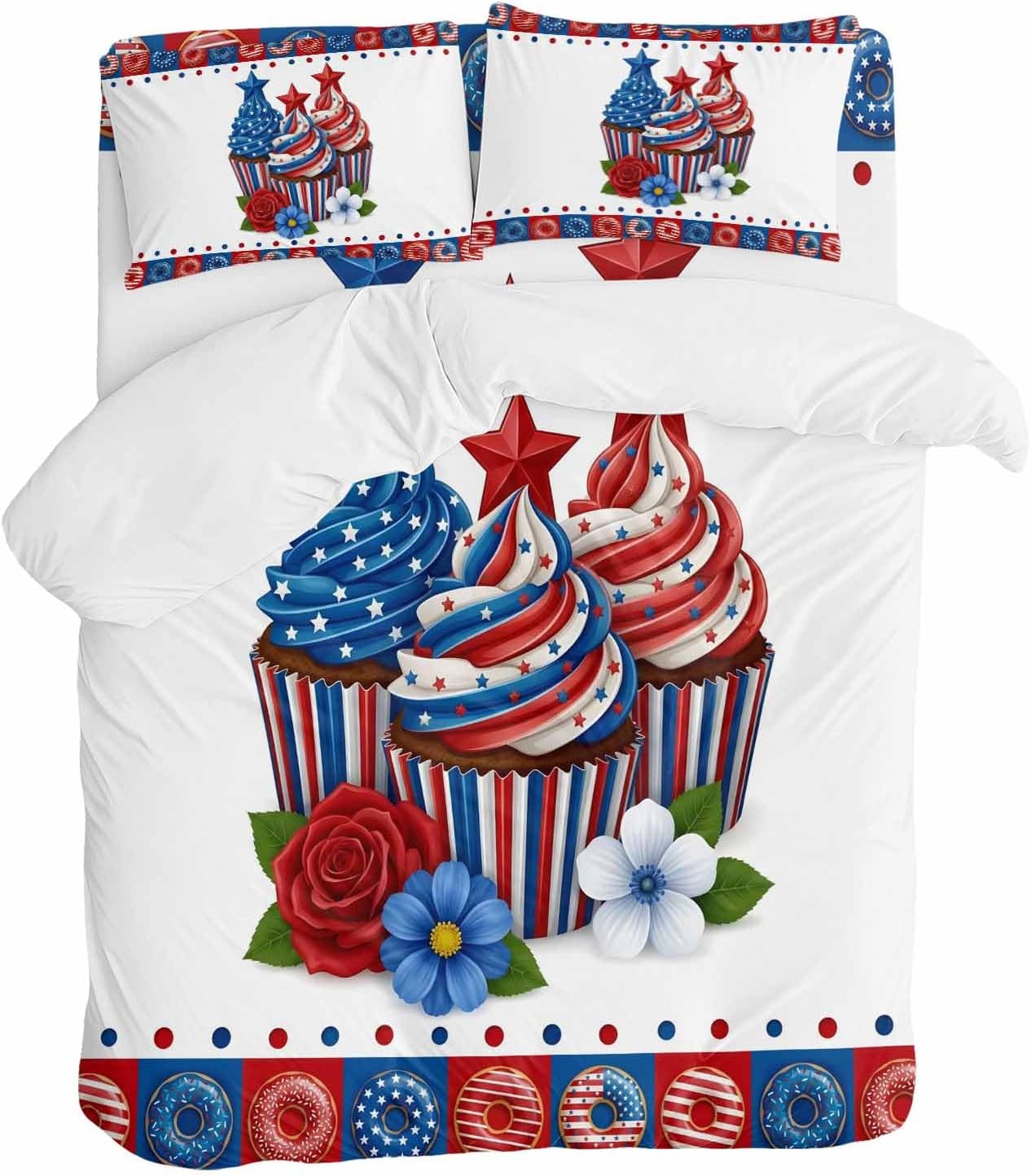 Independence Day Cupcakes Duvet Cover Set Queen Size 4 Pieces 4th of July Red Blue White Star Rose Flower Bedding Set with Zipper Closure, 1 Comforter Cover 92x106 Inches 1 Flat Sheet & 2 Pillow Cases