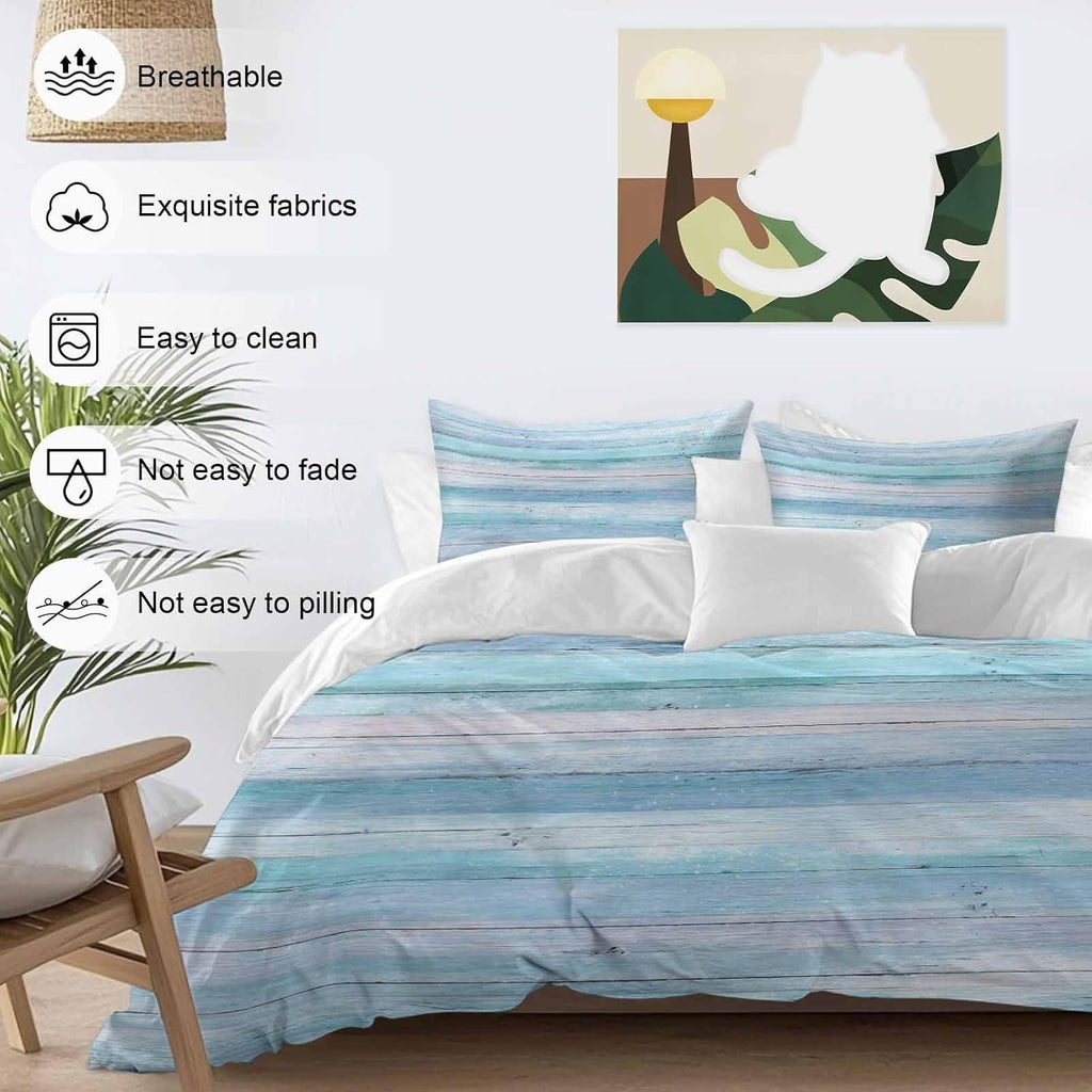 Prime Leader Summer Duvet Cover Set Queen Size 4 Pieces Gradient Blue Wood Grain Rustic Farmhouse Modern Bedding Set with Zipper Closure, 1 Comforter Cover 92x106 Inches 1 Flat Sheet & 2 Pillow Cases