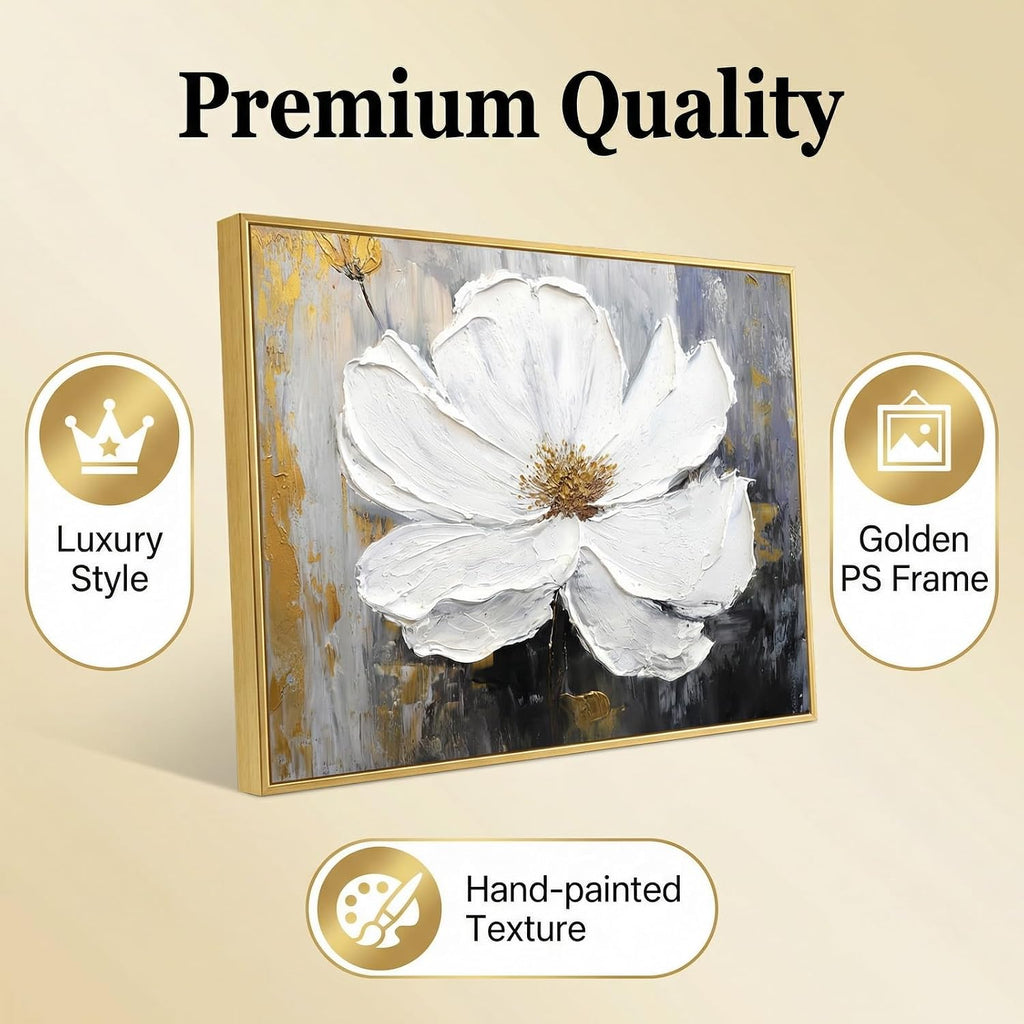 3 Pcs Hand-Painted Floral Canvas Wall Art for Living Room | 3D Textured Abstract White Flower Paintings with Gold Frames for Bedroom | Ready to Hang Modern Luxury Wall Decor for Office (24x64 Inches)