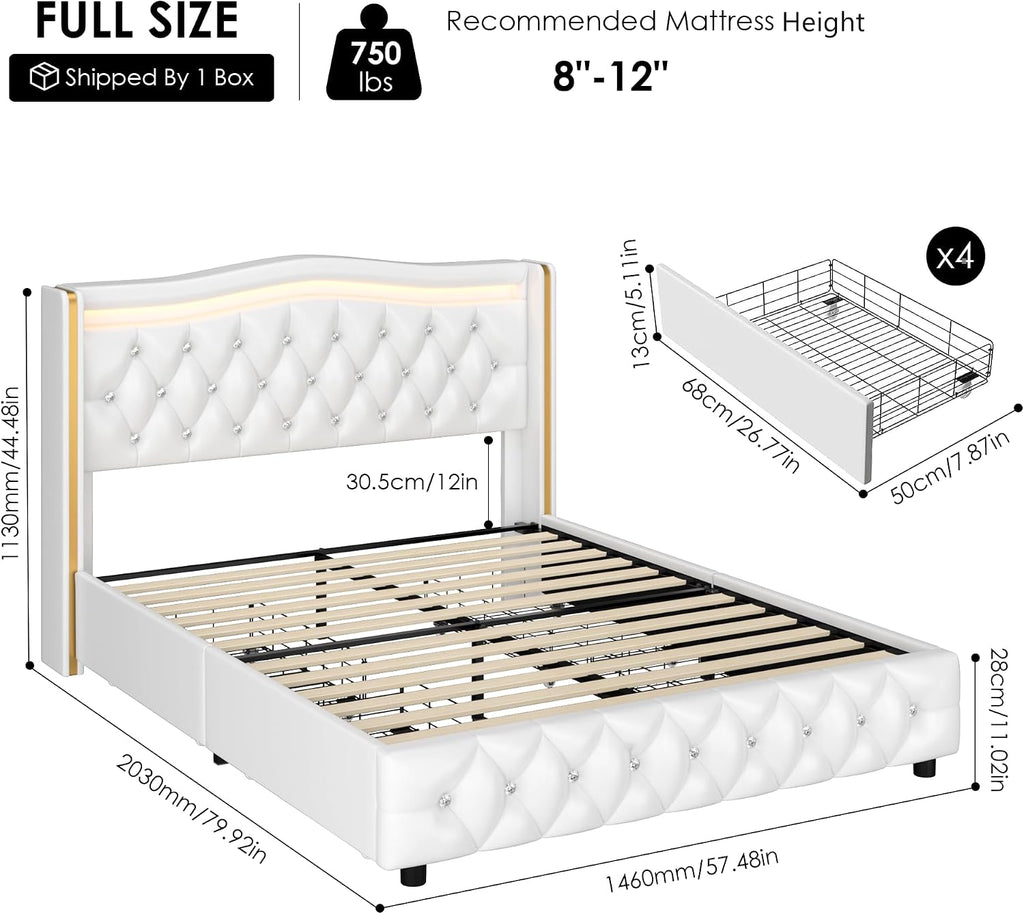 HIFIT Full Size LED Bed Frame with 4 Storage Drawers & Crystal Button-Tufted Wingback Headboard, Modern PU Upholstered Platform Bed Frame with No Box Spring Needed, Easy Assembly, White