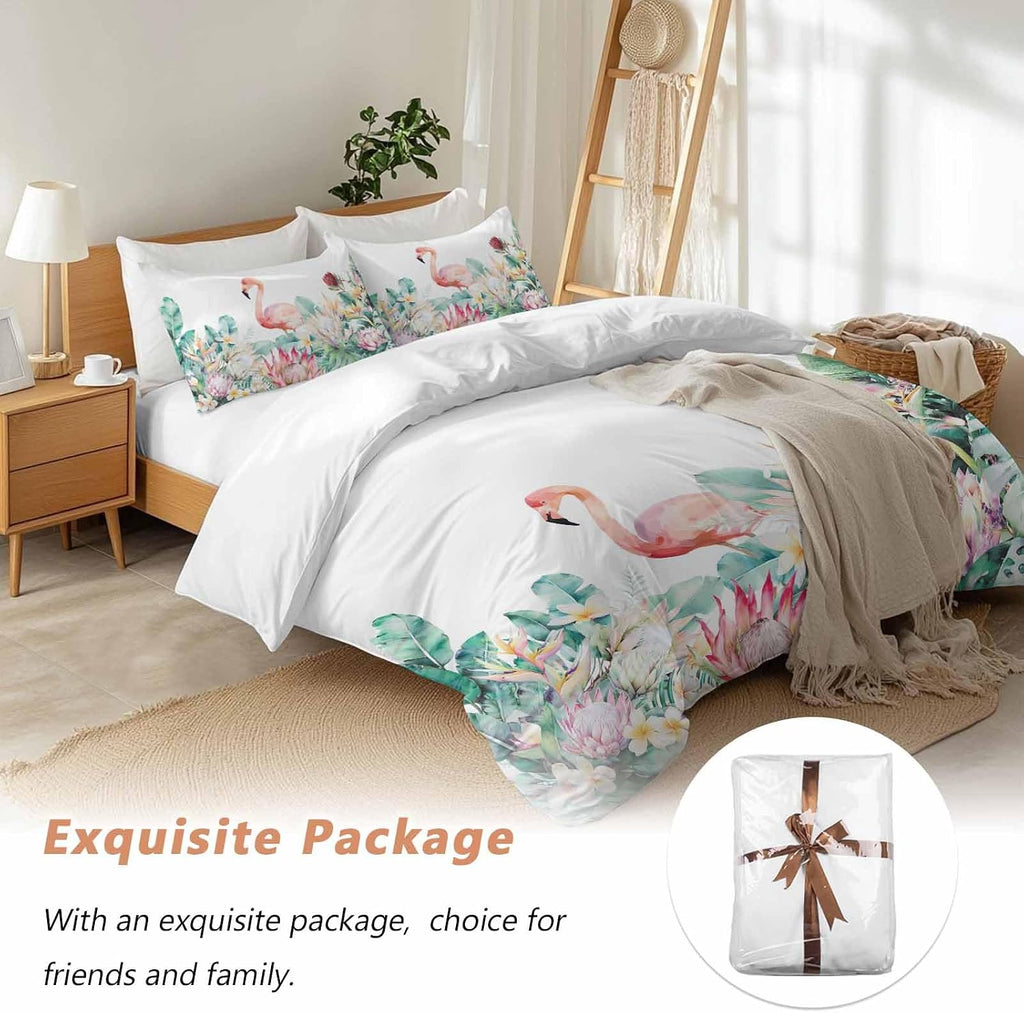 Pastoral Duvet Cover Set Queen Size 4 Pieces Watercolors Green Tropical Floral Plants Flaming Birds Bedding Set with Zipper Closure, 1 Comforter Cover 90x92 Inches 1 Flat Sheet & 2 Pillow Cases