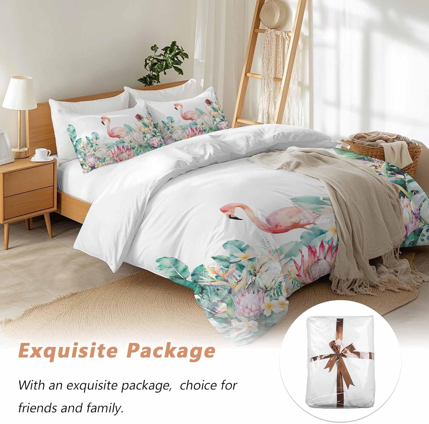 Pastoral Duvet Cover Set Queen Size 4 Pieces Watercolors Green Tropical Floral Plants Flaming Birds Bedding Set with Zipper Closure, 1 Comforter Cover 90x92 Inches 1 Flat Sheet & 2 Pillow Cases