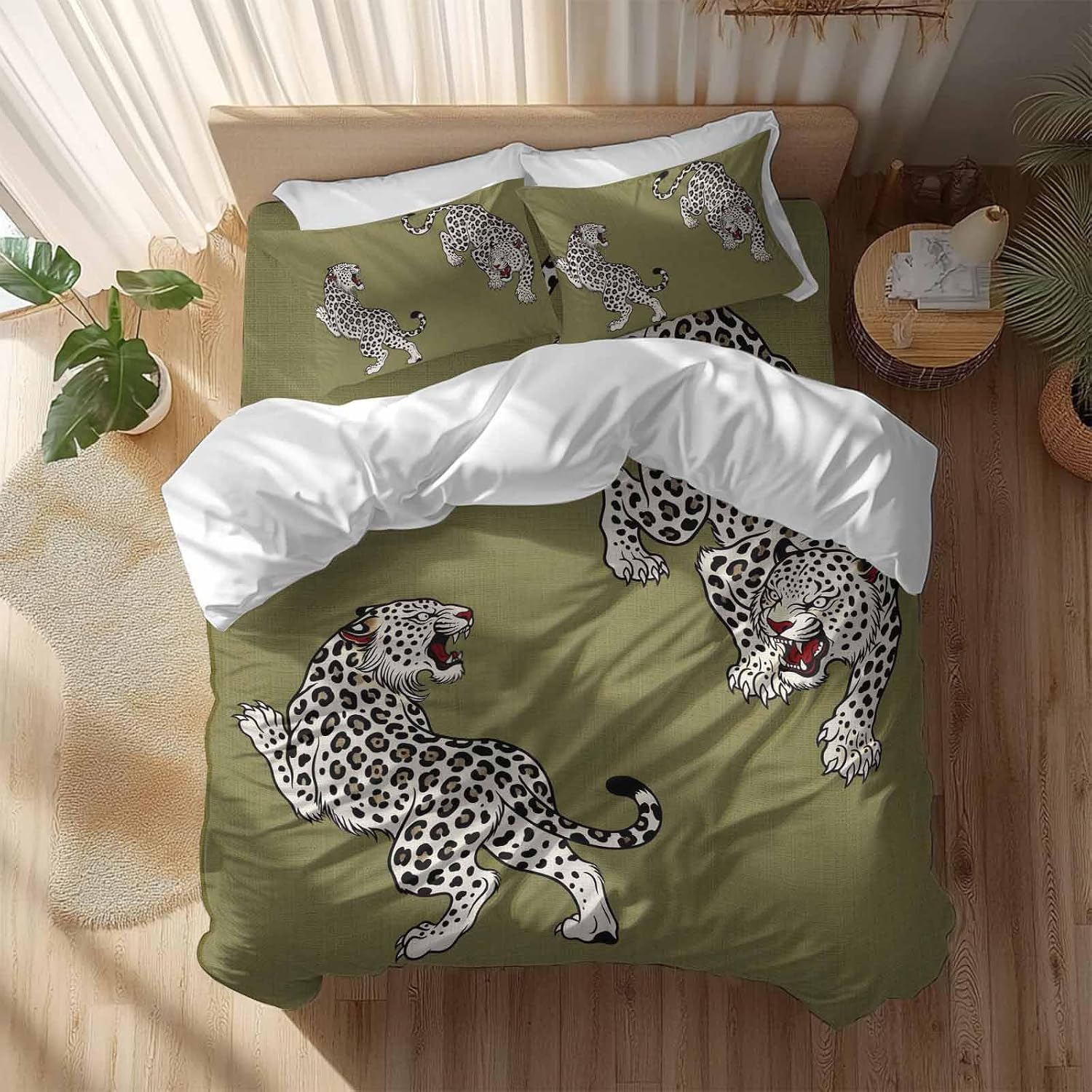 Green Leopard Duvet Cover Set Queen Size 4 Pieces Modern Style Wild Animal Rustic Linen Texture Bedding Set with Zipper Closure, 1 Comforter Cover 86x86 Inches 1 Flat Sheet & 2 Pillow Cases