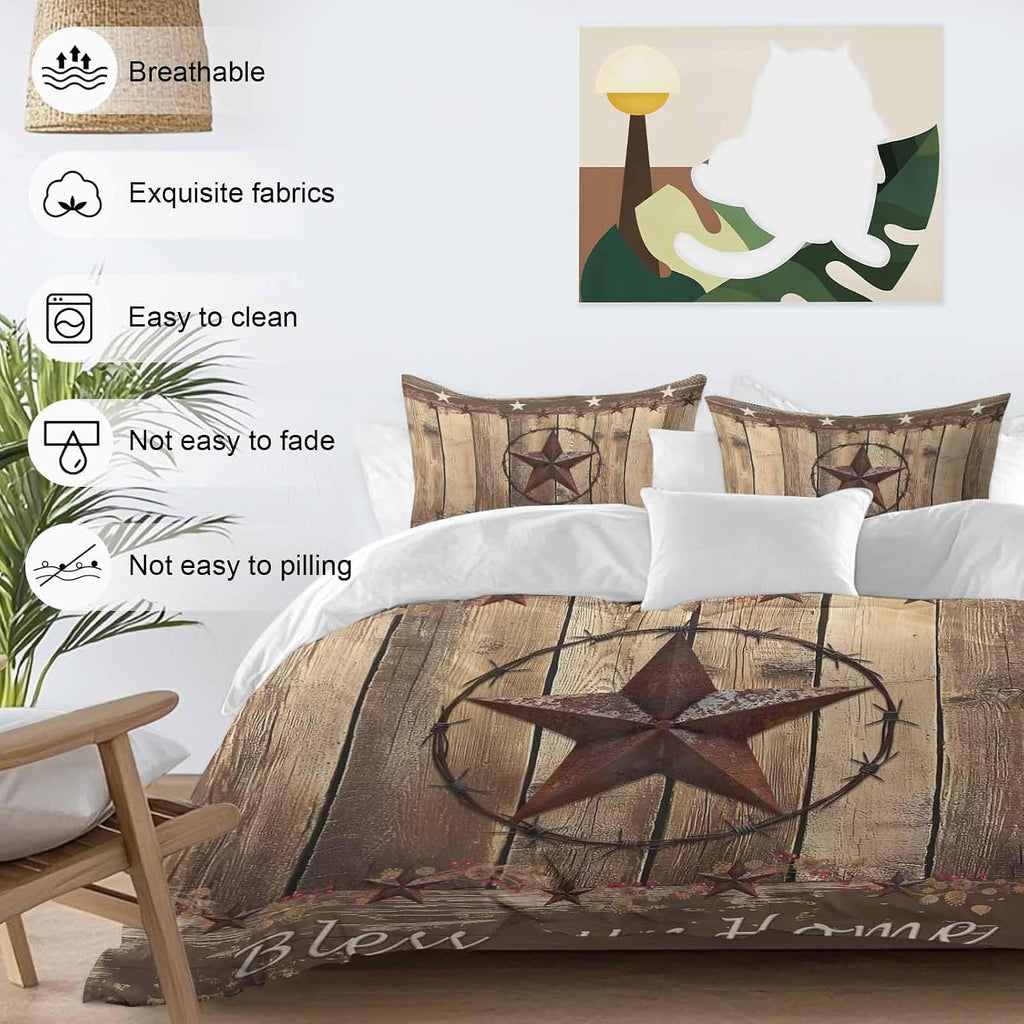Vintage Duvet Cover Set Queen Size 4 Pieces Western Country Brown Texas Star Wood Grain Farmhouse Bedding Set with Zipper Closure, 1 Comforter Cover 86x86 Inches 1 Flat Sheet & 2 Pillow Cases