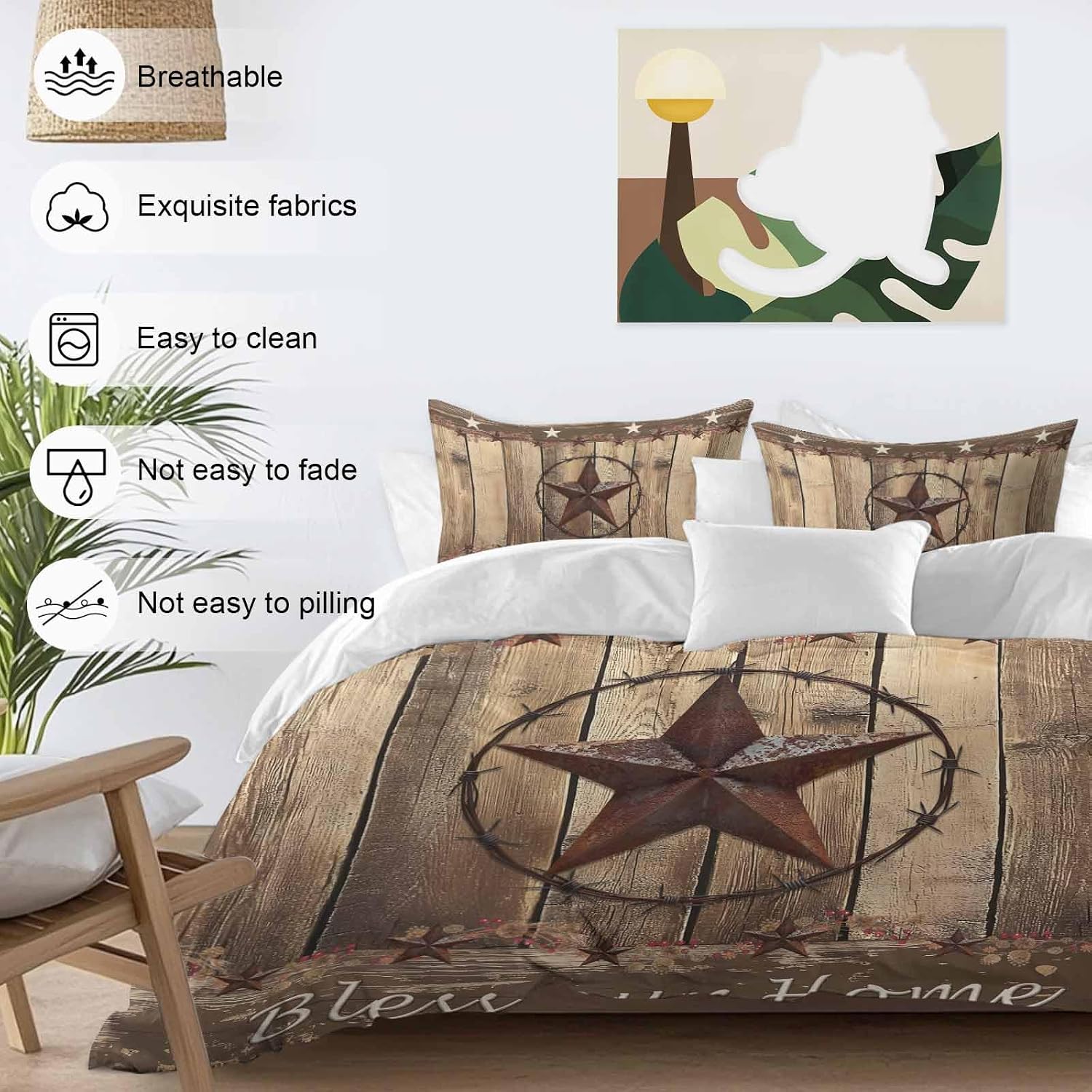 Vintage Duvet Cover Set Queen Size 4 Pieces Western Country Brown Texas Star Wood Grain Farmhouse Bedding Set with Zipper Closure, 1 Comforter Cover 86x86 Inches 1 Flat Sheet & 2 Pillow Cases