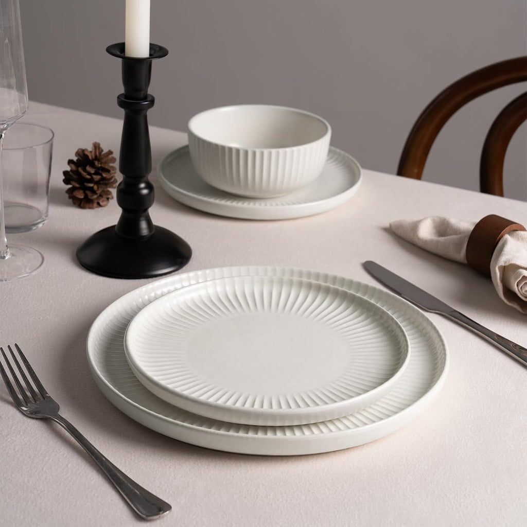 Famiware Starlight 24-Piece Plates and Bowls Sets for 8, Stoneware Dinnerware with Ribbed Textured, Handcrafted Reactive Glaze Dishes - Dishwasher & Microwave Safe, Chip/Scratch Resistant, Matte White