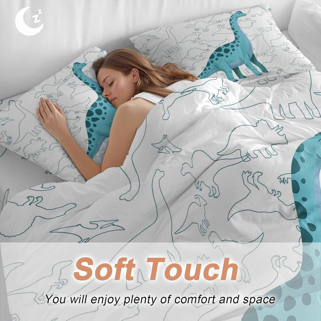 Prime Leader Green Dinosaur Duvet Cover Set Queen Size 4 Pieces Sketching Edges Dinosaur Cartoon Animal Bedding Set with Zipper Closure, 1 Comforter Cover 86x86 Inches 1 Flat Sheet & 2 Pillow Cases