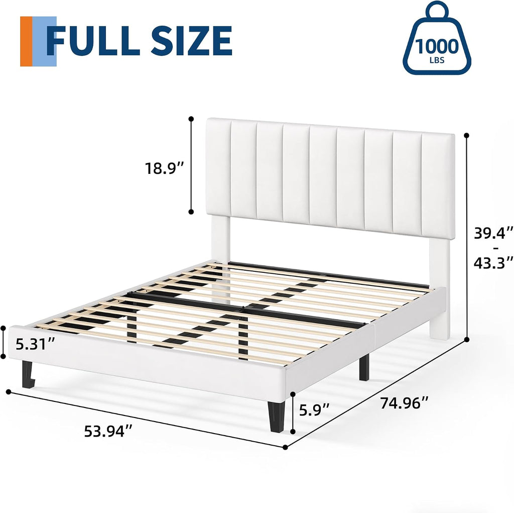 IDEALHOUSE White Bed Frame Full Size, Velvet Upholstered Platform Bed Frame with Adjustable Headboard (39.4–43.3'), Fits 8–12' Mattress, Noise-Free, No Box Spring Needed, Easy Assembly