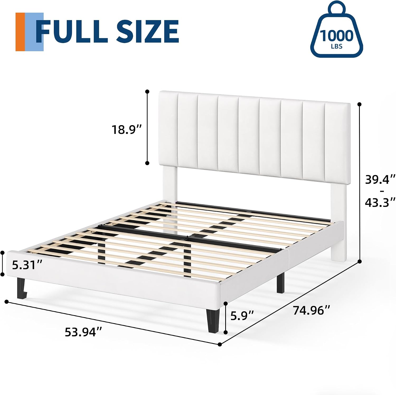 IDEALHOUSE White Bed Frame Full Size, Velvet Upholstered Platform Bed Frame with Adjustable Headboard (39.4–43.3'), Fits 8–12' Mattress, Noise-Free, No Box Spring Needed, Easy Assembly