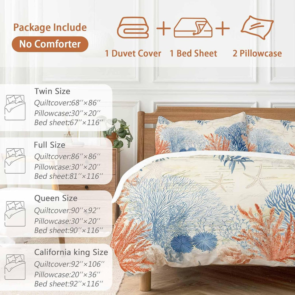 Prime Leader Ocean Corals Duvet Cover Set Queen Size 4 Pieces Summer Beach Coral Sea Stars Retro Texture Bedding Set with Zipper Closure, 1 Comforter Cover 86x86 Inches 1 Flat Sheet & 2 Pillow Cases
