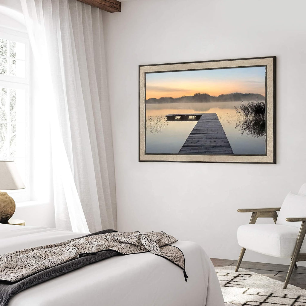 Lake Bedroom Wall Art Canvas: Framed Relaxing Large Home Office Sunrise Nature Landscape Pier Picture Decor Modern Living Room Dock Scene Painting Print Horizontal Foggy Mountain Forest Artwork