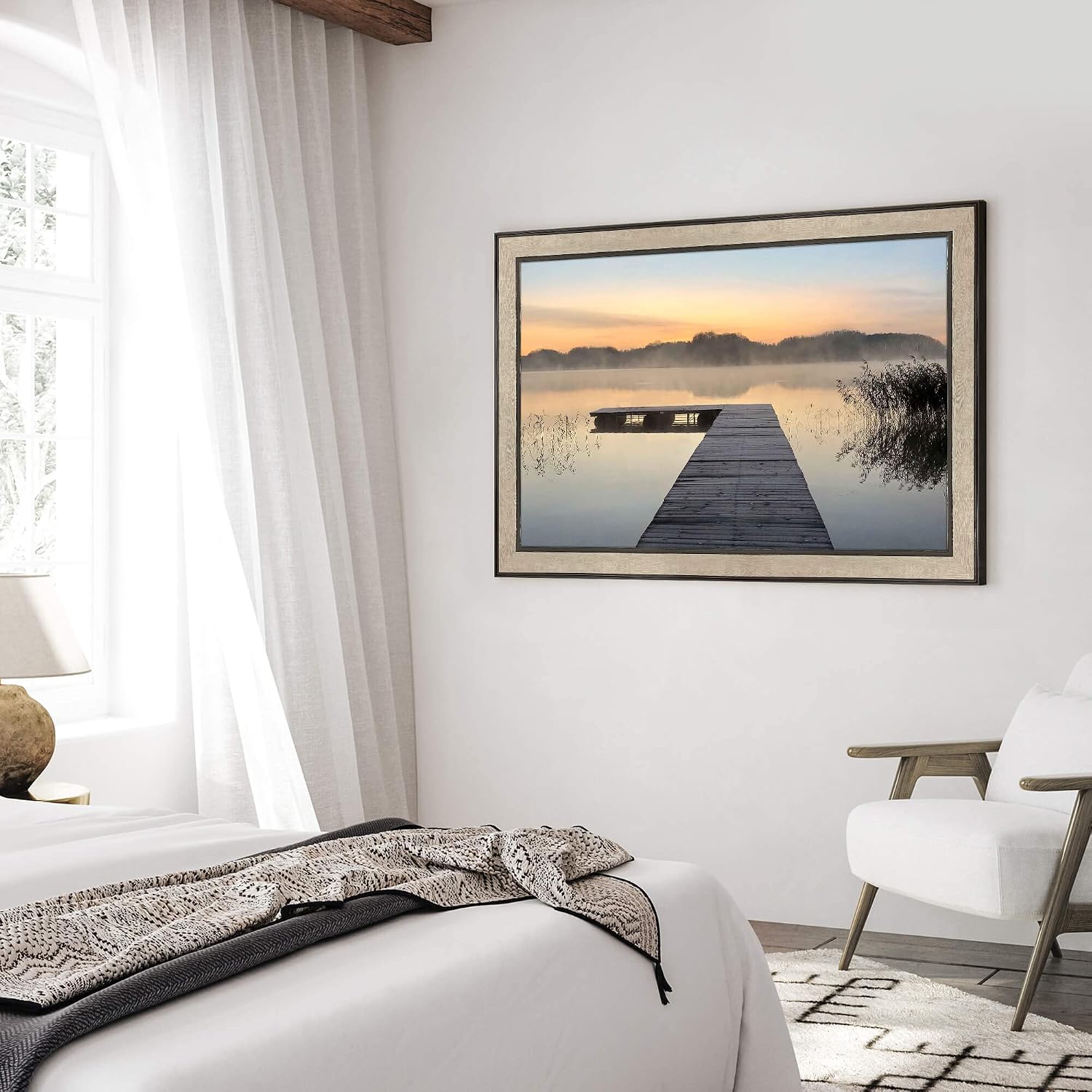 Lake Bedroom Wall Art Canvas: Framed Relaxing Large Home Office Sunrise Nature Landscape Pier Picture Decor Modern Living Room Dock Scene Painting Print Horizontal Foggy Mountain Forest Artwork