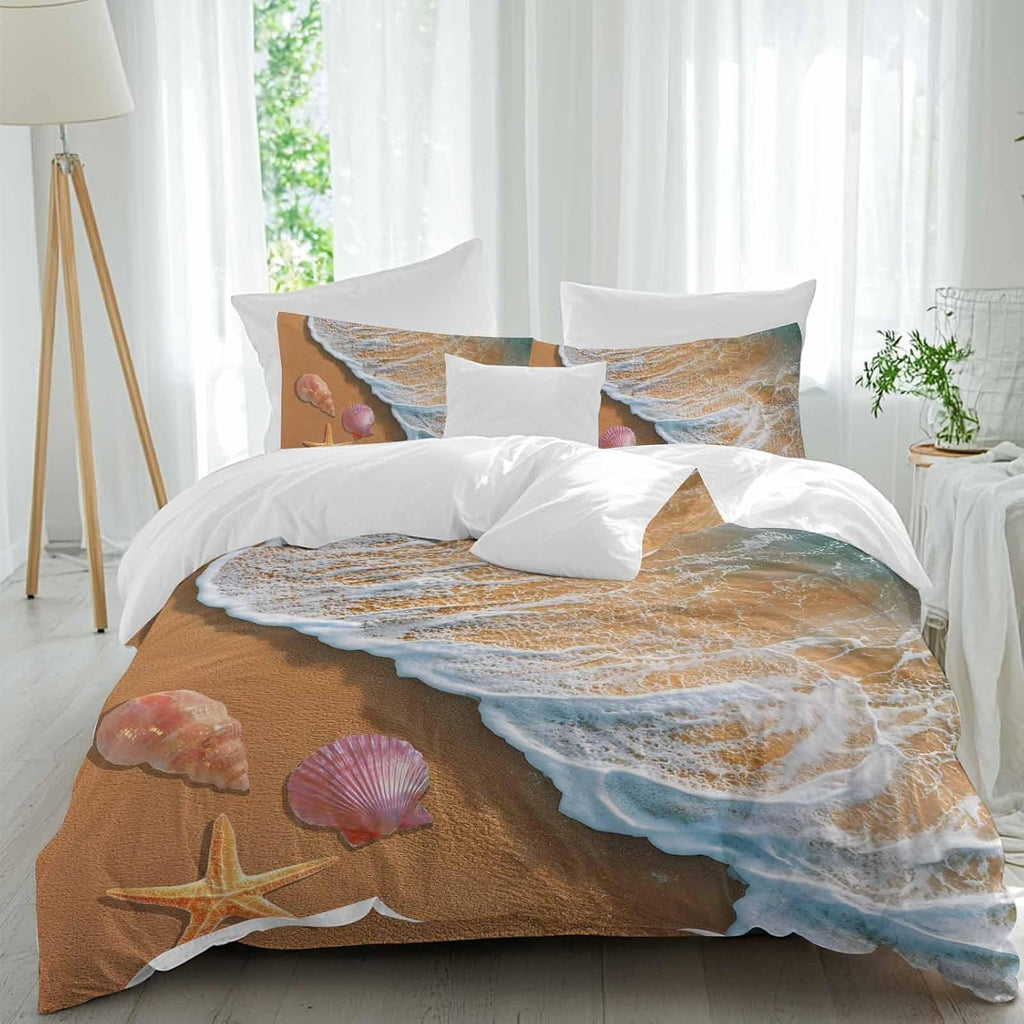 Prime Leader Summer Beach Duvet Cover Set Queen Size 4 Pieces Ocean Waves Conch Starfish Shell Coastal Bedding Set with Zipper Closure, 1 Comforter Cover 92x106 Inches 1 Flat Sheet & 2 Pillow Cases