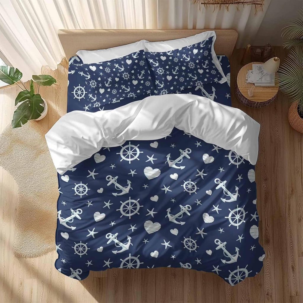 Summer Ocean Anchor Duvet Cover Set Queen Size 4 Pieces Nautical Coastal Sea Navy Blue Compass Love Heart Star Bedding Set with Zipper Closure,1 Comforter Cover 90x92 Inch 1 Flat Sheet&2 Pillow Cases