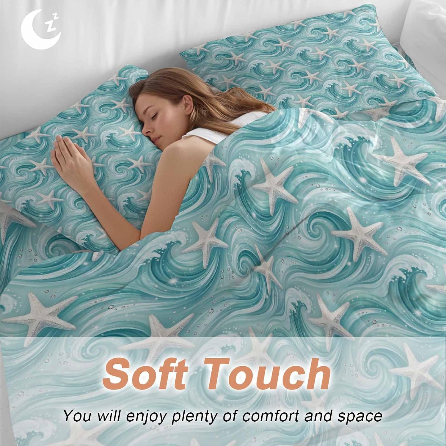 Teal Ocean Starfish Duvet Cover Set Queen Size 4 Pieces Nautical Coastal Watercolor Sea Waves Starfish Bedding Set with Zipper Closure, 1 Comforter Cover 86x86 Inches 1 Flat Sheet & 2 Pillow Cases