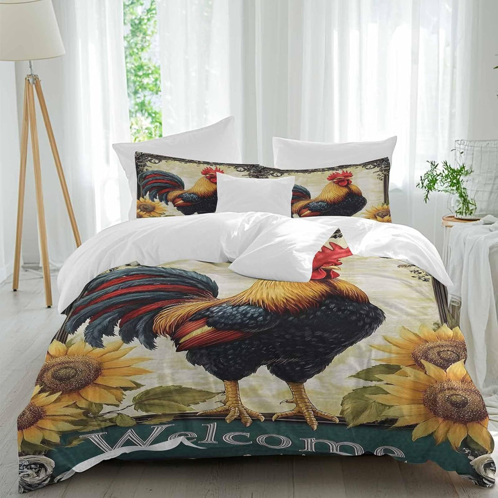 Rooster Chicken Duvet Cover Set Queen Size 4 Pieces Welcome Sunflower Watercolor Art Vintage Farm Bedding Set with Zipper Closure, 1 Comforter Cover 92x106 Inches 1 Flat Sheet & 2 Pillow Cases