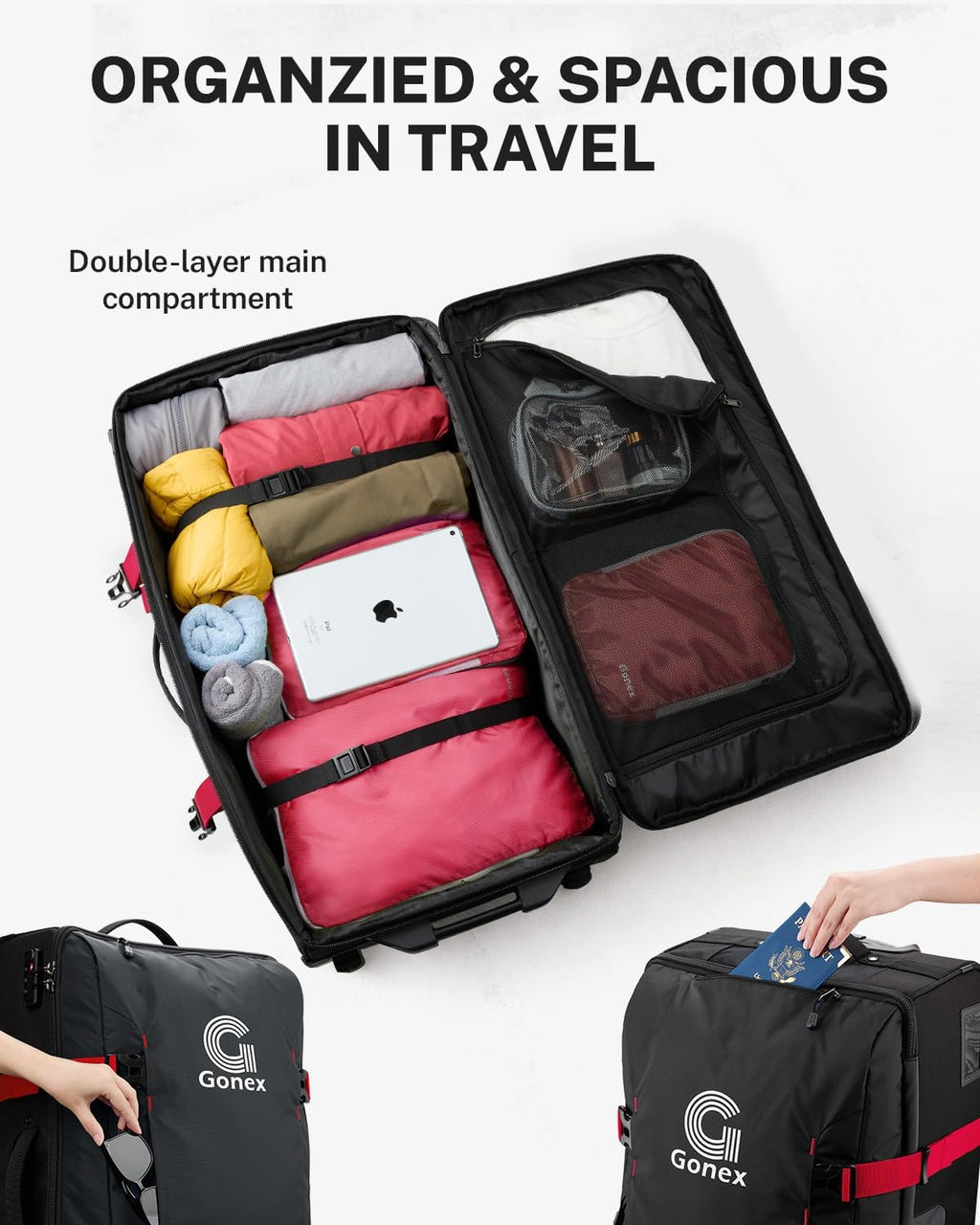 Gonex Rolling Duffle Bag with Wheels, Water-repellent 90L Nylon Large Wheeled Travel Duffel Luggage with TSA Lock & Telescopic Handle 30 inch, Black & Red