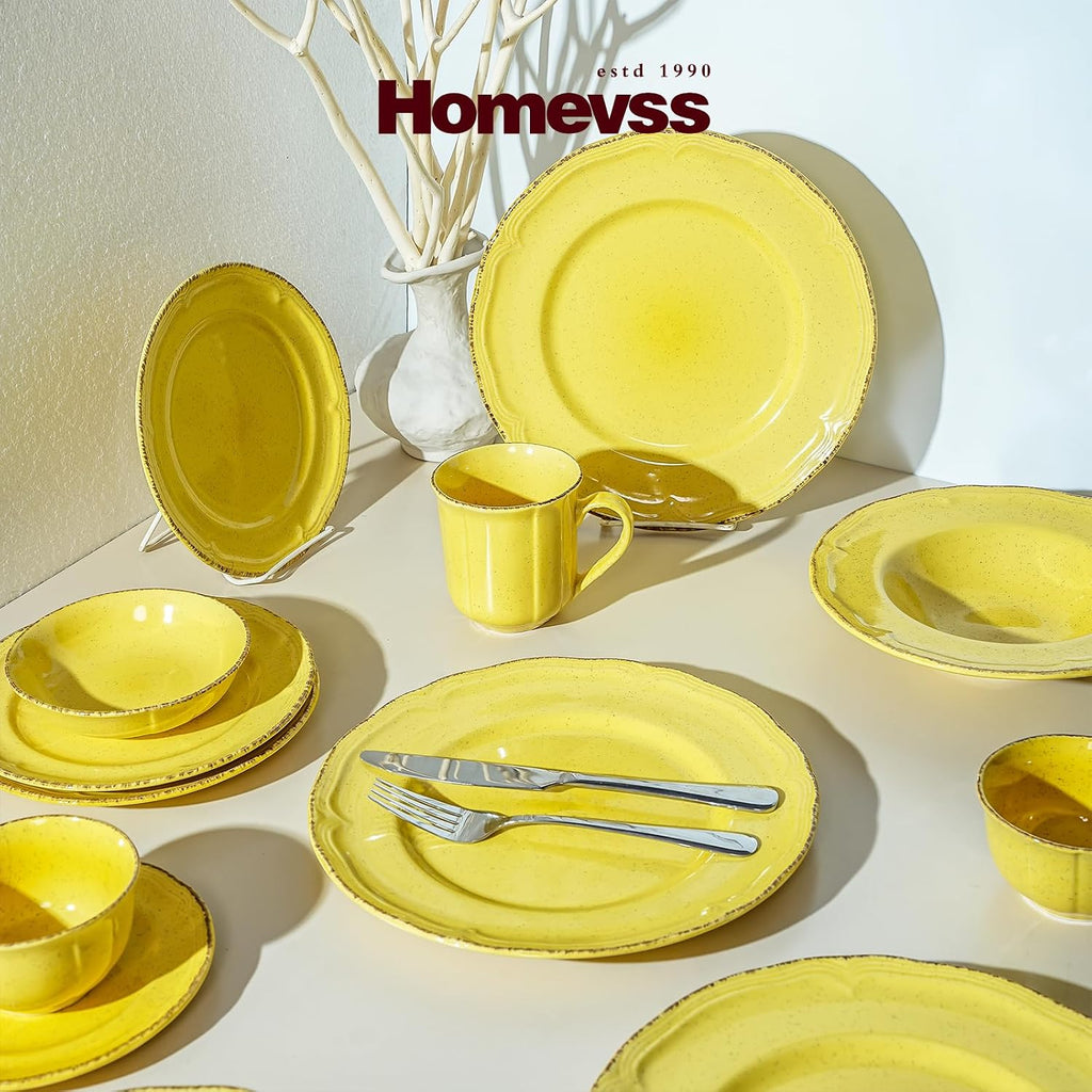 56pc Dinnerware Set, Plate and Bowl Set, Stoneware Dishes Set for 8, Microwave and Dishwahser Safe, Scratch Resistant, French Countryside Speckled Antique Yellow