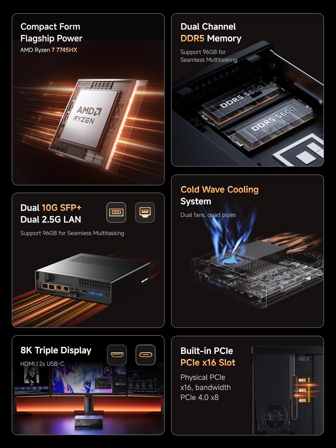 MINISFORUM MS-A2 Workstation AMD Ryzen 7 7745HX(8C/16T, up to 5.1GHz) Mini PC Without RAM/SSD/OS, HDMI/2xUSB-C Output, 2x2.5G LAN Port|10G SFP+ Port, Support M.2 2280/22110/U.2 SSD Mini Computer