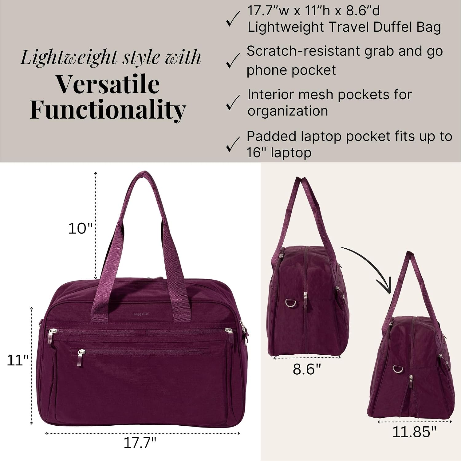 Baggallini Weekender Expandable Duffel - Lightweight 11x17 Inch Overnight Travel Bag