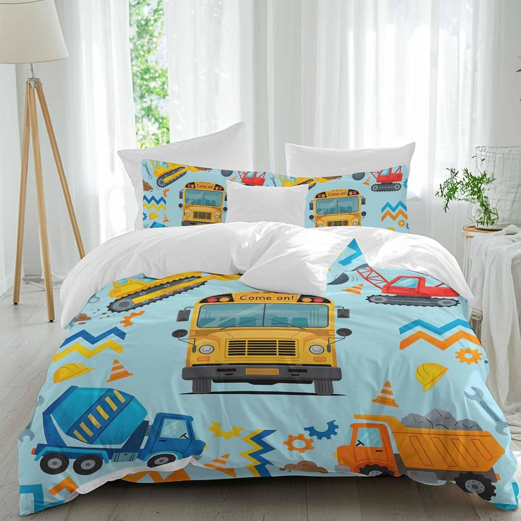 Prime Leader Cartoon Come on Duvet Cover Set Queen Size 4 Pieces Excavator Mixer Truck Wrench Helmet Blue Bedding Set with Zipper Closure, 1 Comforter Cover 86x86 Inches 1 Flat Sheet & 2 Pillow Cases