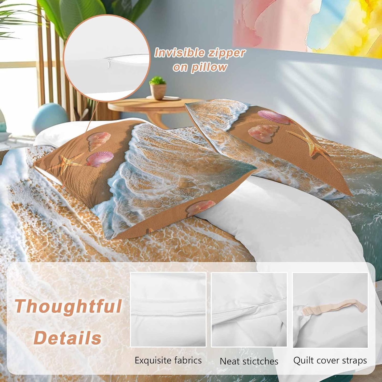 Prime Leader Summer Beach Duvet Cover Set Queen Size 4 Pieces Ocean Waves Conch Starfish Shell Coastal Bedding Set with Zipper Closure, 1 Comforter Cover 86x86 Inches 1 Flat Sheet & 2 Pillow Cases