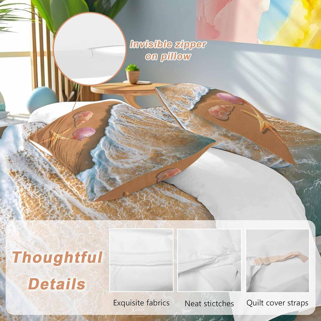 Prime Leader Summer Beach Duvet Cover Set Queen Size 4 Pieces Ocean Waves Conch Starfish Shell Coastal Bedding Set with Zipper Closure, 1 Comforter Cover 92x106 Inches 1 Flat Sheet & 2 Pillow Cases