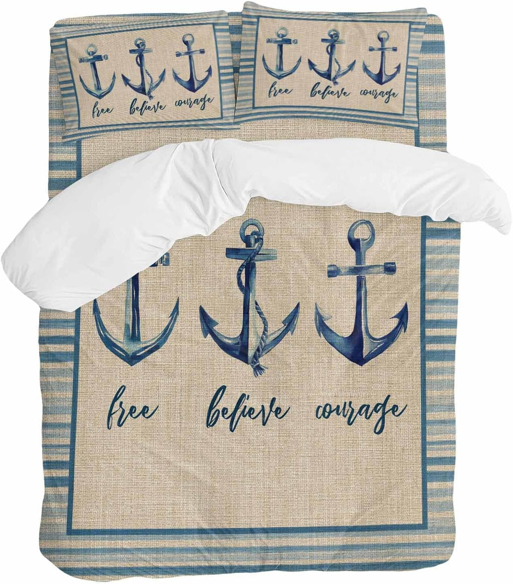 Summer Ocean Duvet Cover Set Queen Size 4 Pieces Blue Stripes Anchor Free Believe Courage Linen Bedding Set with Zipper Closure, 1 Comforter Cover 86x86 Inches 1 Flat Sheet & 2 Pillow Cases