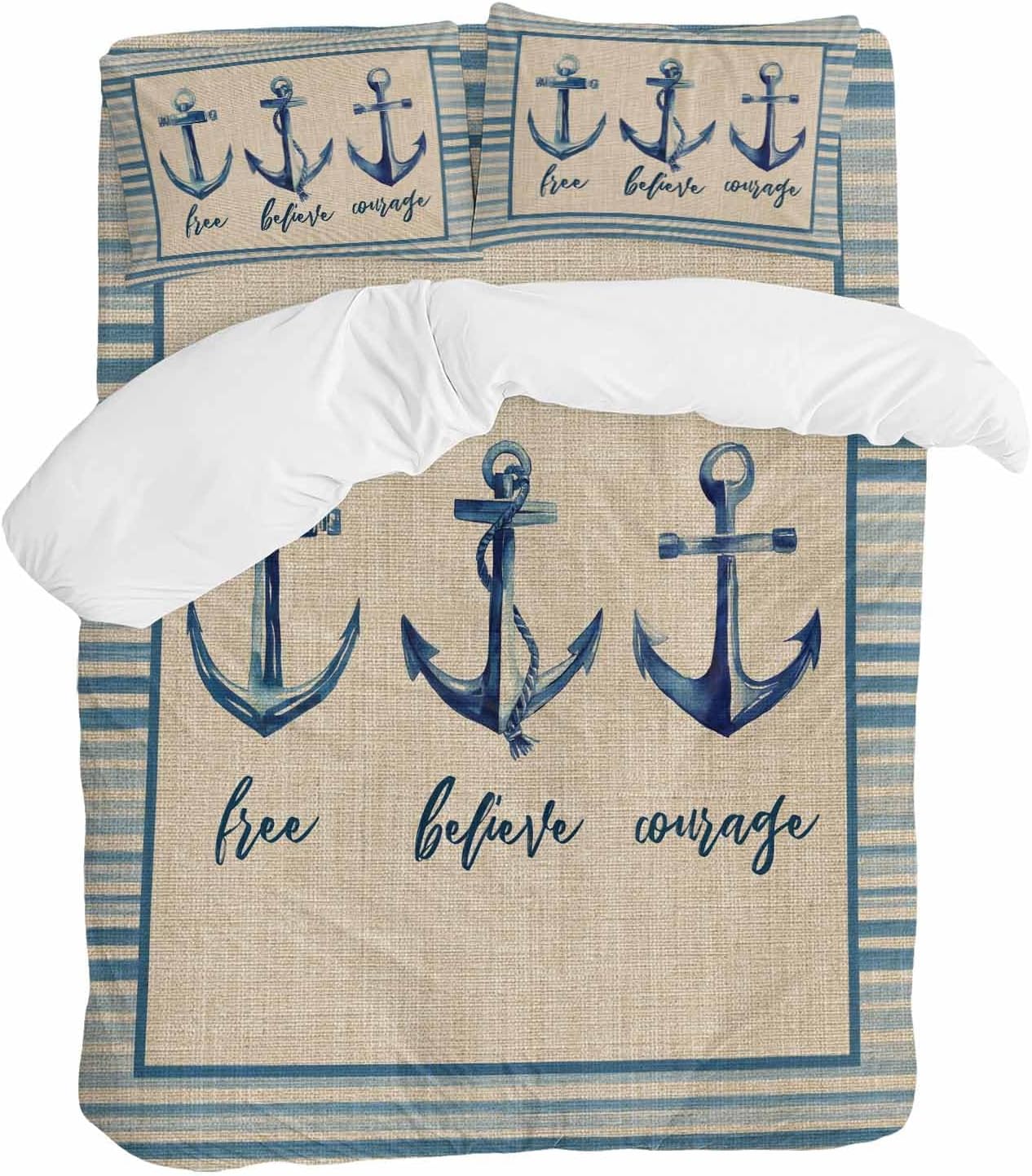 Summer Ocean Duvet Cover Set Queen Size 4 Pieces Blue Stripes Anchor Free Believe Courage Linen Bedding Set with Zipper Closure, 1 Comforter Cover 86x86 Inches 1 Flat Sheet & 2 Pillow Cases