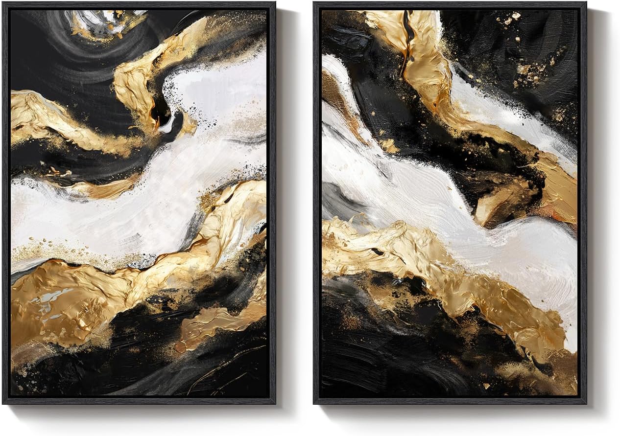 Framed Gold Abstract Wall Art Set of 2 for Living Room, Large Black White Modern Luxury Canvas Artwork for Walls, Contemporary Flow Marble Motifs Painting Print Wall Decor for Bedroom Office, 24x36 In