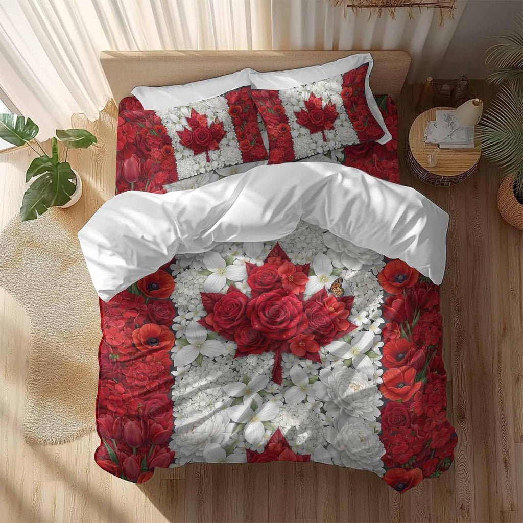 Prime Leader Floral Duvet Cover Set Queen Size 4 Pieces Watercolor White Red Flowers Canada Flag Style Bedding Set with Zipper Closure, 1 Comforter Cover 86x86 Inches 1 Flat Sheet & 2 Pillow Cases