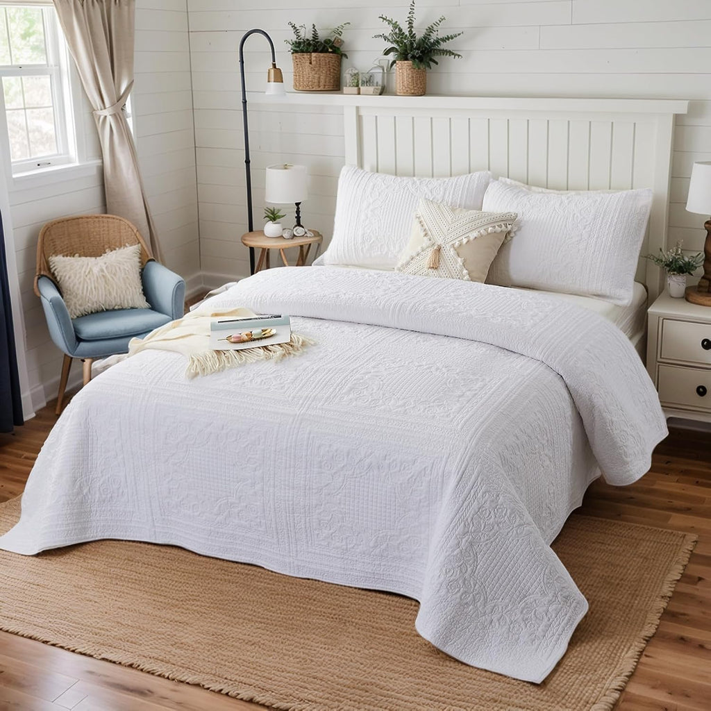 Brandream White Quilt King Size Cotton Matelasse Coverlet Set Farmhouse Quilts 3-Piece