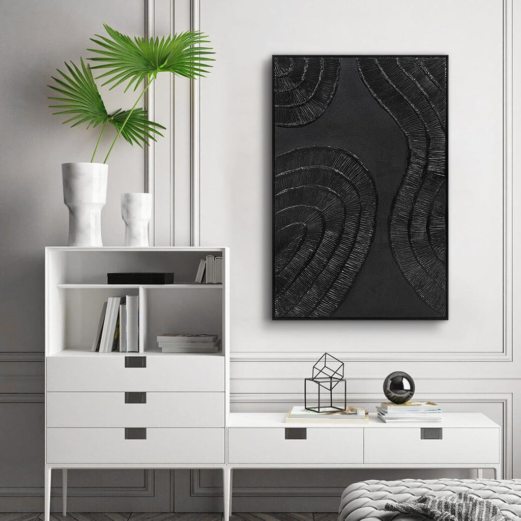 Textured 3D Abstract Hand-Painted Wall Art Large Black Thick Texture Minimalist Wall Art - 3D Contemporary Dimensional Home Office Living Room Modern Wall Decor Framed - 24'x36'