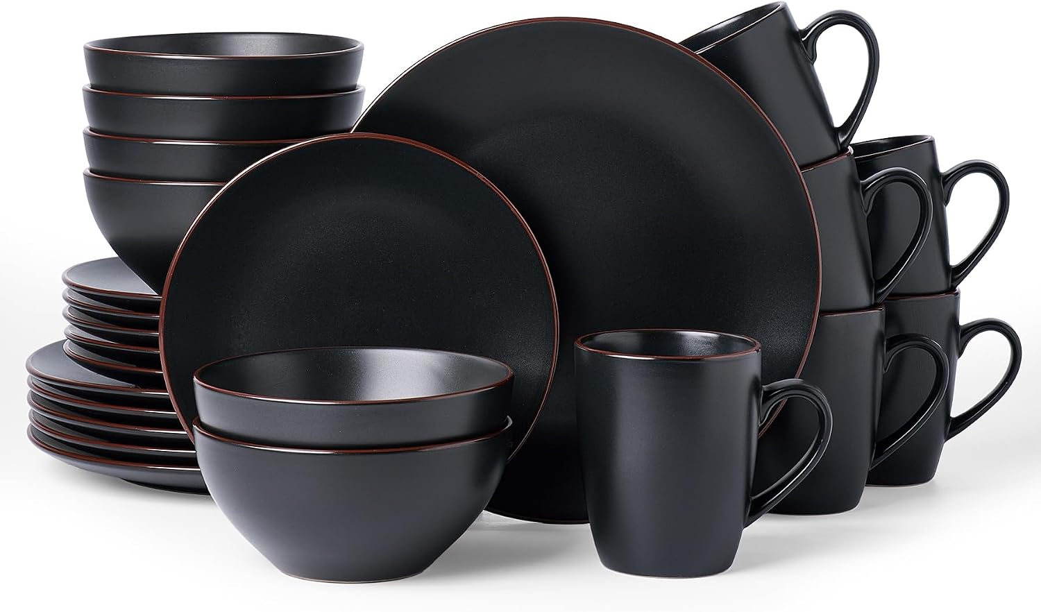 Famiware Venus 24-Piece Stoneware Dinnerware Sets with Mugs, Plates, Bowls, Service for 6, Matte Black - Modern Ceramic Chip‑Resistant Dishes for Everyday & Formal Use, Microwave & Dishwasher Safe