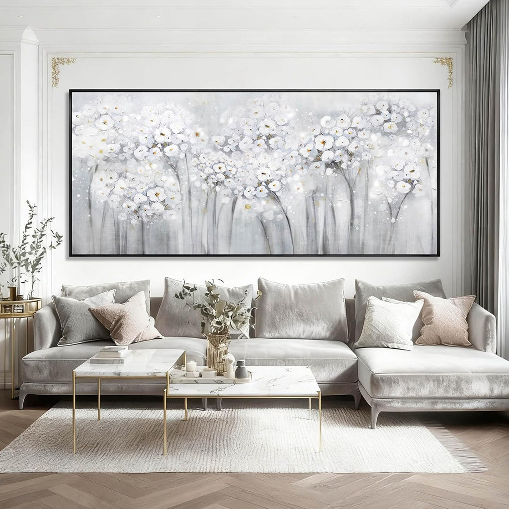Flower Wood Wall Decor White Wall Art Textured Canvas Painting 32'x70' Decorative Pictures for Bedroom Kitchen Large Artwork