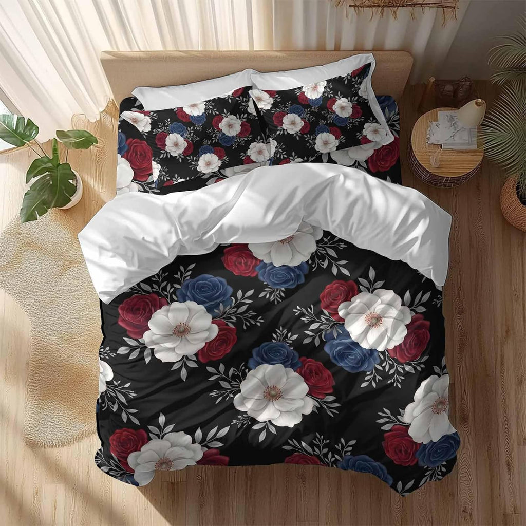 Prime Leader Independence Day Duvet Cover Set Queen Size 4 Pieces Red Blue White Roses Floral Leaf Black Bedding Set with Zipper Closure, 1 Comforter Cover 90x92 Inches 1 Flat Sheet & 2 Pillow Cases