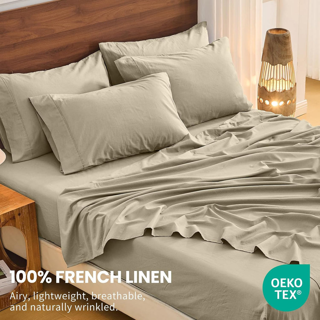 Bedlifes 100% French Flax Linen Sheets Set Queen Size - 6 Piece Extra Deep Pocket 18-24',Soft Breathable Queen Bed Sheets with Temperature Regulating & Moisture-Wicking(Taupe
