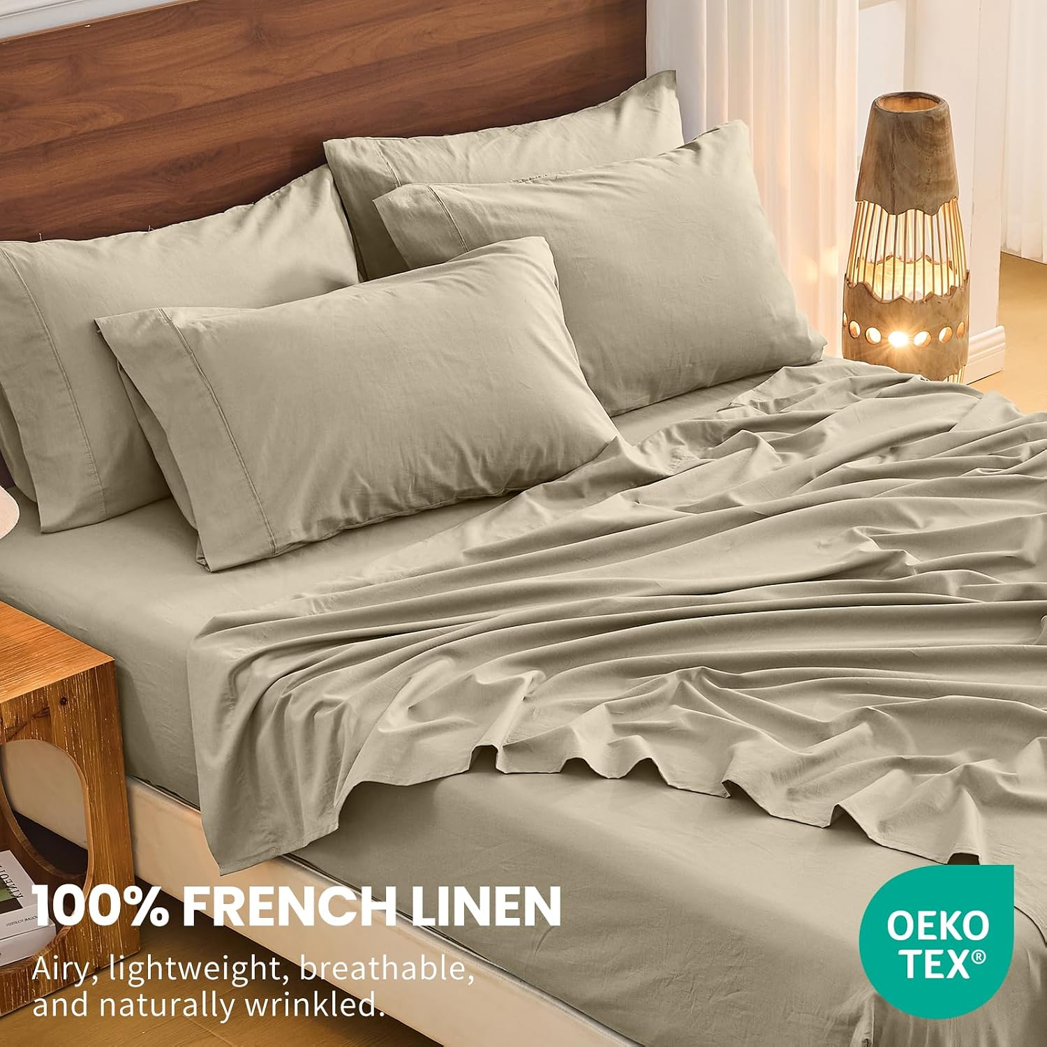 Bedlifes 100% French Flax Linen Sheets Set Queen Size - 6 Piece Extra Deep Pocket 18-24',Soft Breathable Queen Bed Sheets with Temperature Regulating & Moisture-Wicking(Taupe