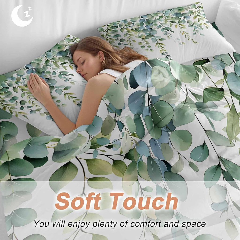 Prime Leader Green Leaves Duvet Cover Set Queen Size 4 Pieces Eucalyptus Leaf Watercolor Plant Botanical Bedding Set with Zipper Closure, 1 Comforter Cover 90x92 Inches 1 Flat Sheet & 2 Pillow Cases
