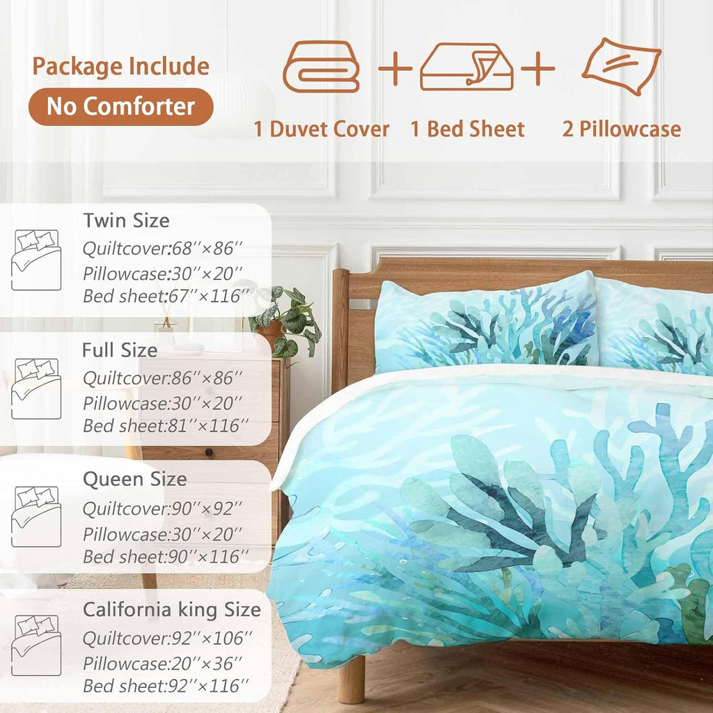 Prime Leader Blue Gradient Coral Duvet Cover Set Queen Size 4 Pieces Ocean Coastal Sea Watercolor Coral Bedding Set with Zipper Closure, 1 Comforter Cover 86x86 Inches 1 Flat Sheet & 2 Pillow Cases
