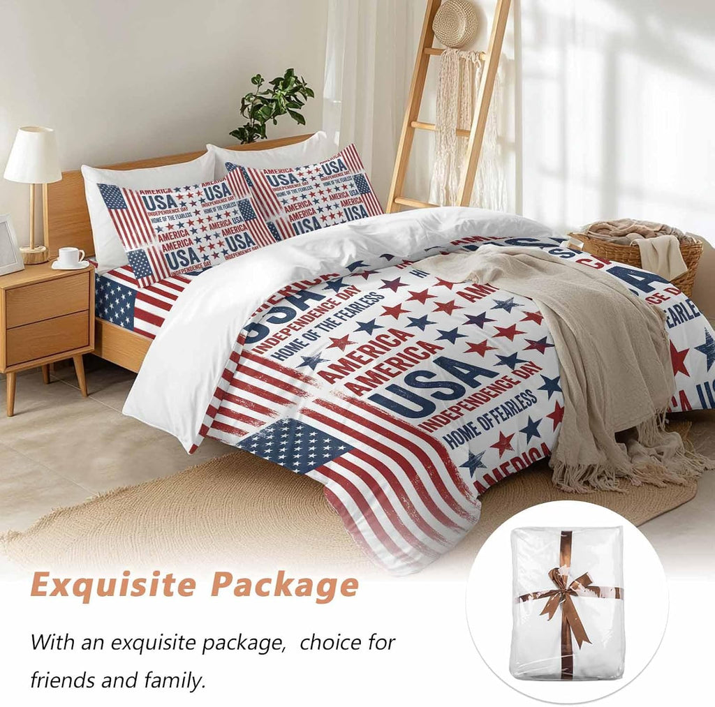 Independence Day Duvet Cover Set Queen Size 4 Pieces Retro American USA Flag Red Stripes Abstract Bedding Set with Zipper Closure, 1 Comforter Cover 92x106 Inches 1 Flat Sheet & 2 Pillow Cases