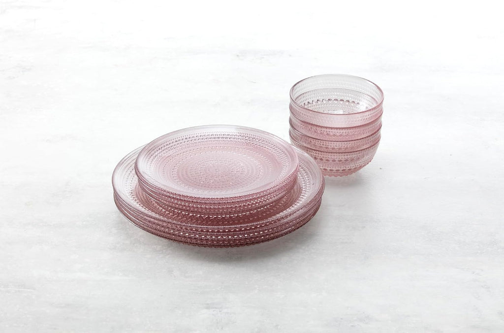 Fortessa Jupiter Hobnail Glass, 12 Piece Dinnerware Set (Service for 4), Pink