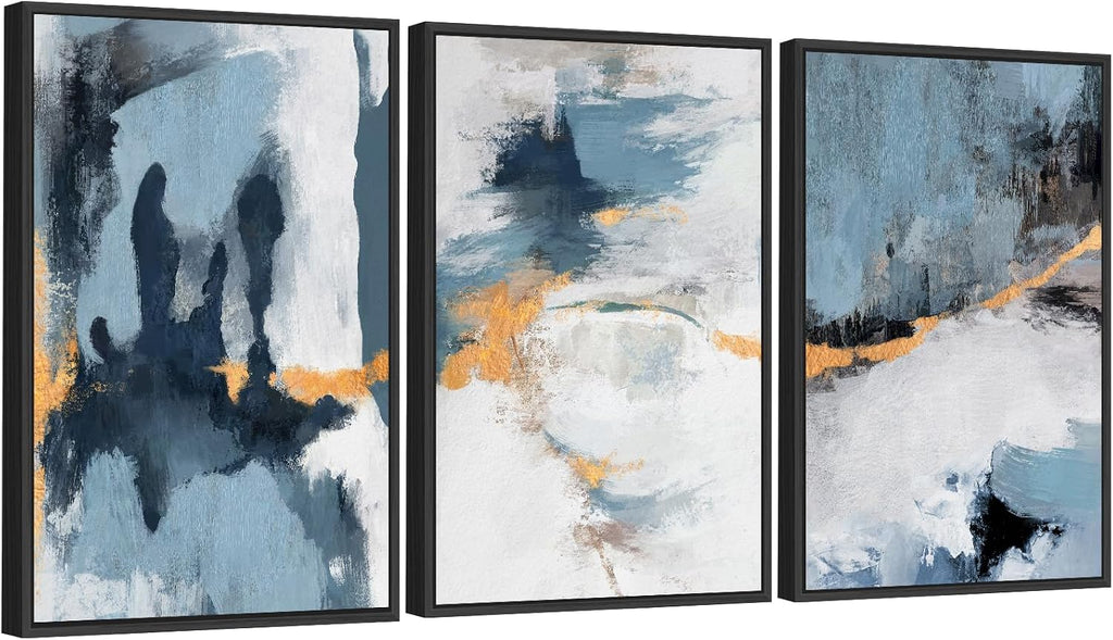 Large Framed Abstract Wall Art - Natural Framed Canvas Pictures for Living Room Modern Canvas Prints Grey Blue for Bedroom, Black Float Frame Art for Home Office Kitchen Decor 24' X 36' X 3pcs